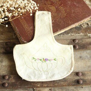 Vintage 1930s 1940s Yellow Linen Holder, Embroidered Teapot Coaster Or Tea Bag